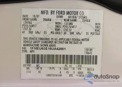 2008 Ford Explorer Xlt из США, поврежденный, VIN 1FMEU63E18UA42861